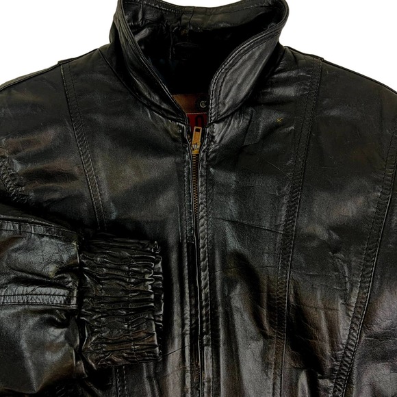 Vintage Cooper Leather Jacket Round Collar Zip Lined Bomber C-010 Black 42